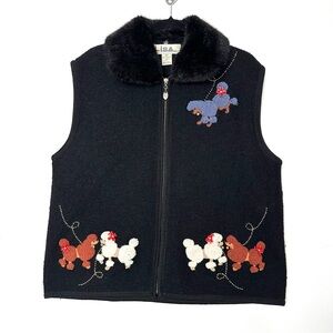 Vintage Wool Faux Fur Vest Embroidered Poodles Dog Mom Kitschy Novelty Twee Cute